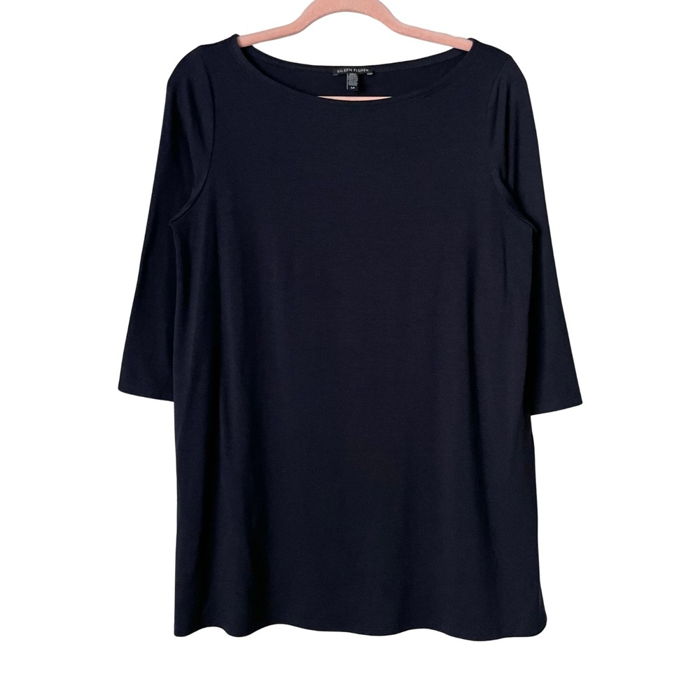 Eileen Fisher Top Womens Small Navy Tencel Lyocell Jersey Knit Boat Neck Stretch